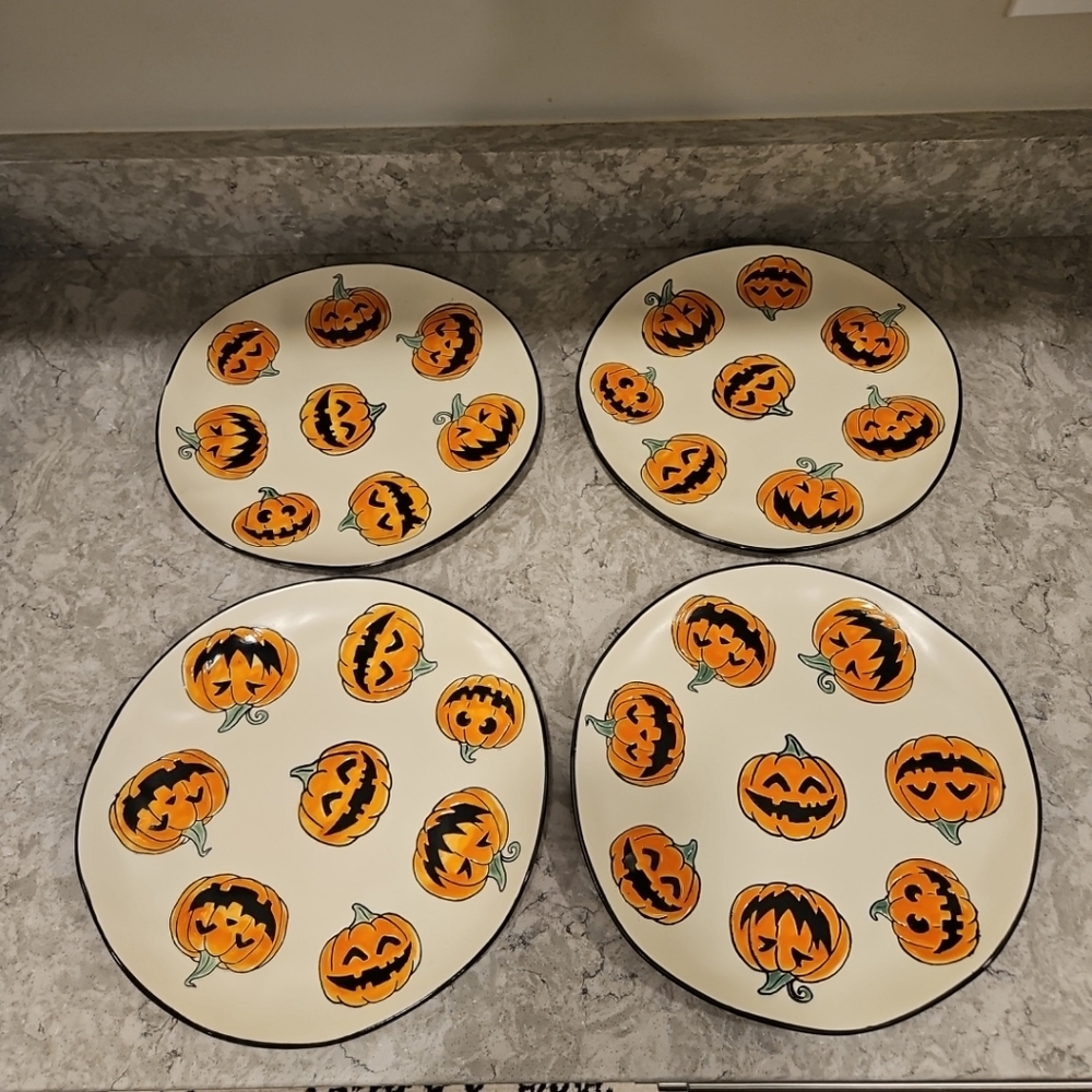 Eli + Ana FALL Halloween Jack Pumpkin Ceramic Dinner Plate Set New 4 Pc Set 11"